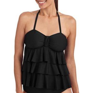 Tankini Swim Top Halter Open Flyaway Back Tiered Ruffles Waterfall Black MED